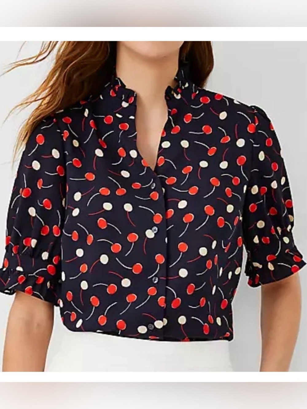 Ann Taylor Navy Cherry-Print Button Front Ruffle Blouse